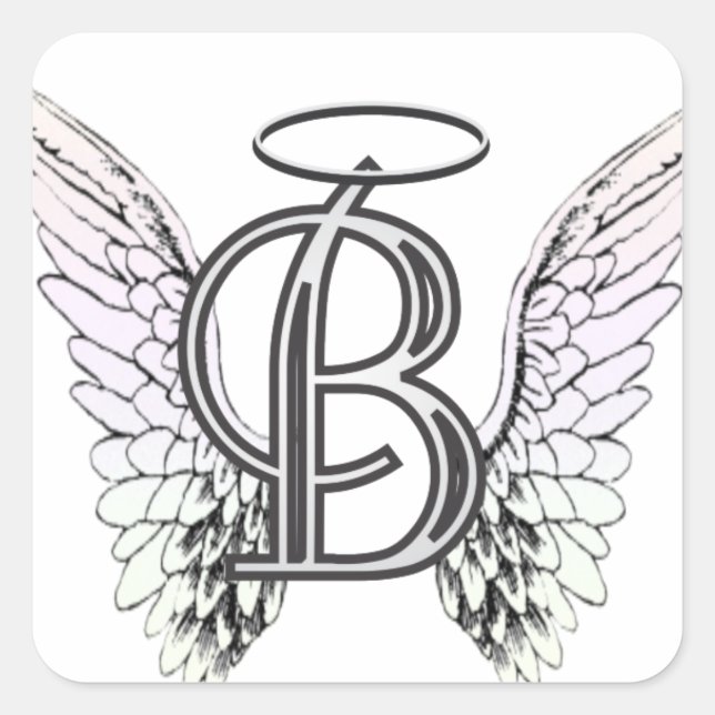 Letter B Initial Monogram with Angel Wings & Halo Square Sticker (Front)