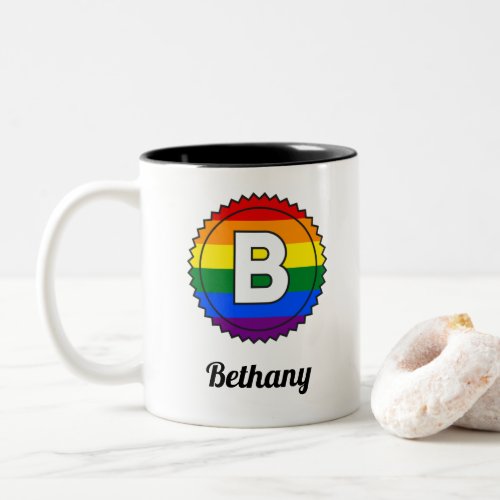 Letter B Initial  Name Gay Pride Rainbow Monogram Two_Tone Coffee Mug