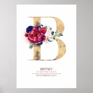 Floral alphabet, letter B with watercolor navy blue flowers and