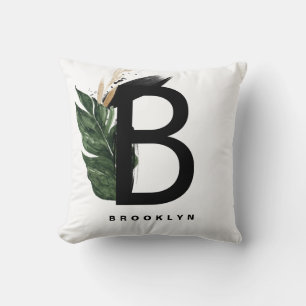 Letter B Monogram Gold Foil Tropical Leaves Throw Pillow
