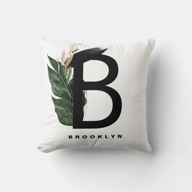  Letter B Monogram Gold Foil Tropical Leaves Throw Pillow (Front)