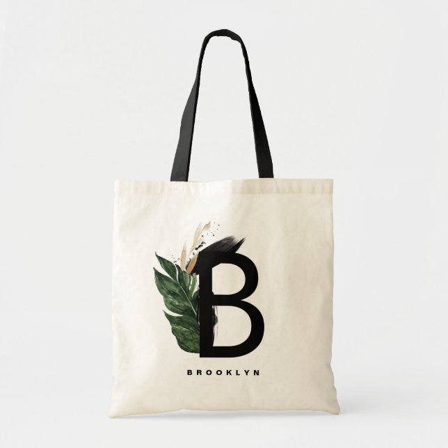  Letter B Monogram Gold Foil Tropical Personalized Tote Bag (Front)