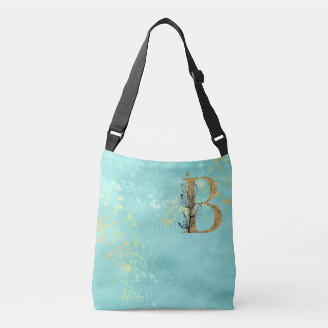 *~* LETTER B -Monogram Gold Glitter Turquoise Blue Crossbody Bag (Front)