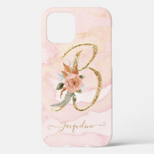 Letter B Monogram Gold Script Watercolor Floral iPhone 12 Case