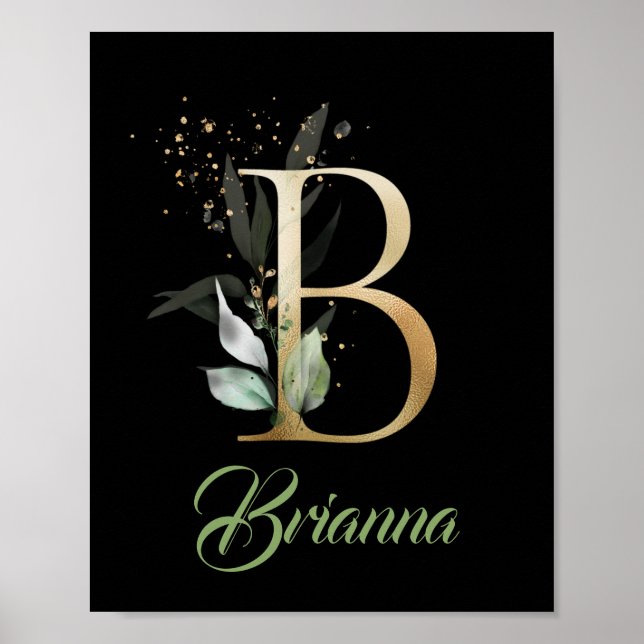 Letter B monogram greenery eucalyptus gold black  Poster (Front)