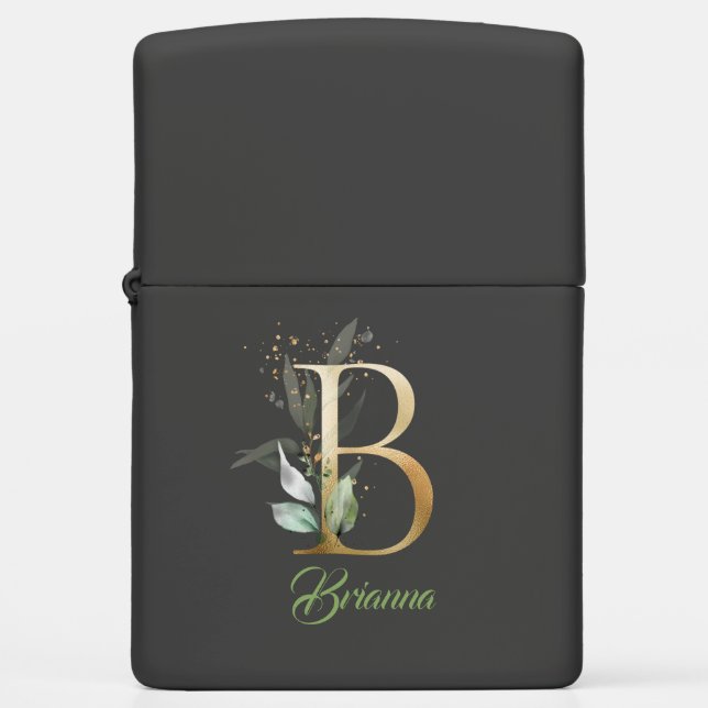 Letter B monogram greenery eucalyptus gold  Zippo Lighter (Front)