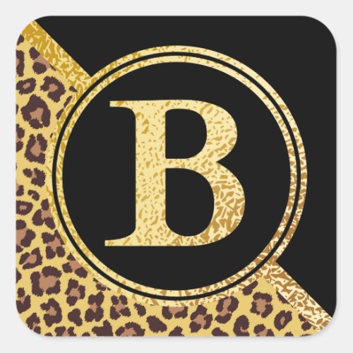 Letter B Monogram Leopard Print Gold and Black Square Sticker