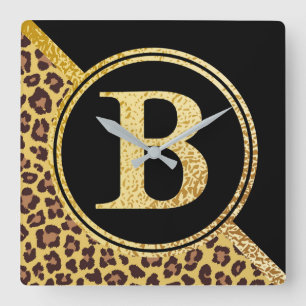 Letter B Monogram Leopard Print Gold and Black Square Wall Clock