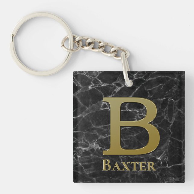Letter B monogram on black marble Keychain (Front)