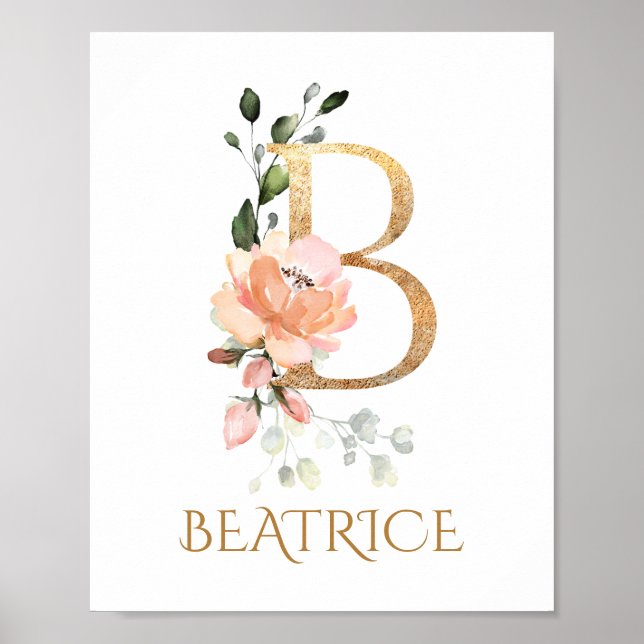 Letter B Monogram Pink Peach rose Nursery Poster (Front)