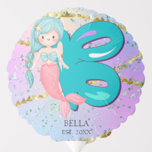 Letter B Monogram Watercolor Cute Mermaid Nursery Balloon