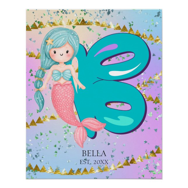 Letter B Monogram Watercolor Cute Mermaid Nursery Poster (Front)