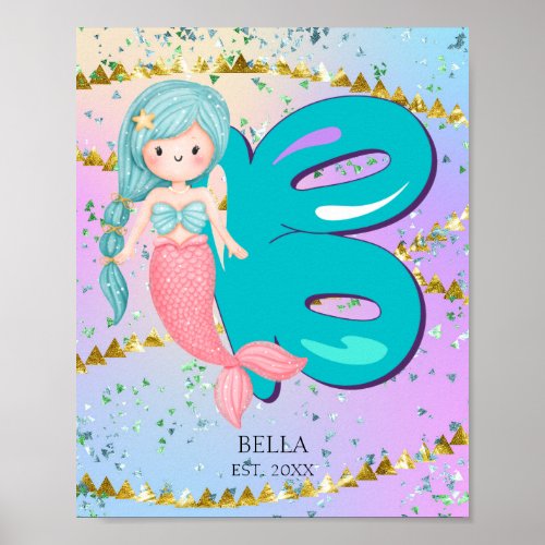 Letter B Monogram Watercolor Cute Mermaid Nursery  Poster