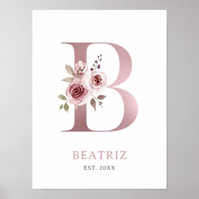 Letter B Monogram Watercolor Rose Florals Nursery  Poster (Front)
