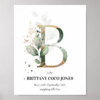 Letter B New Baby Monogram Birth Print Greenery