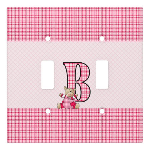 Letter B Pink Gingham Teddy Bear for Girls Light Switch Cover