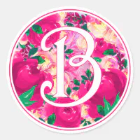 Blush Pink Watercolor Bloom Monogram Classic Round Sticker, Zazzle