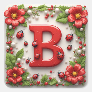 🐞 Letter B Red Ladybugs Poppies Pearls Square Sticker