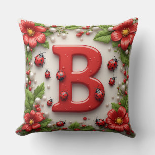 🐞 Letter B Red Ladybugs Poppies Pearls Throw Pillow