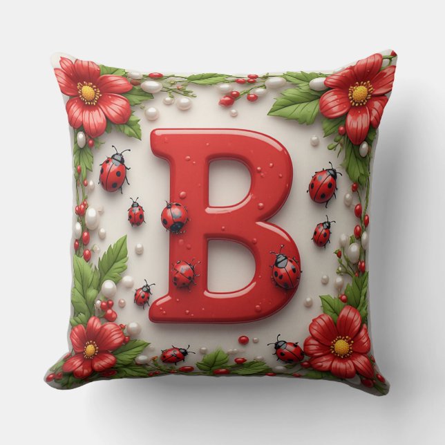 🐞 Letter B Red Ladybugs Poppies Pearls Throw Pillow (Front)
