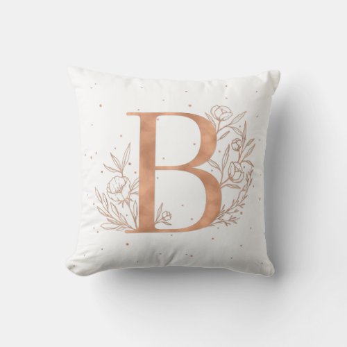 Letter B Rose Gold Monogram Botanical Illustration Throw Pillow