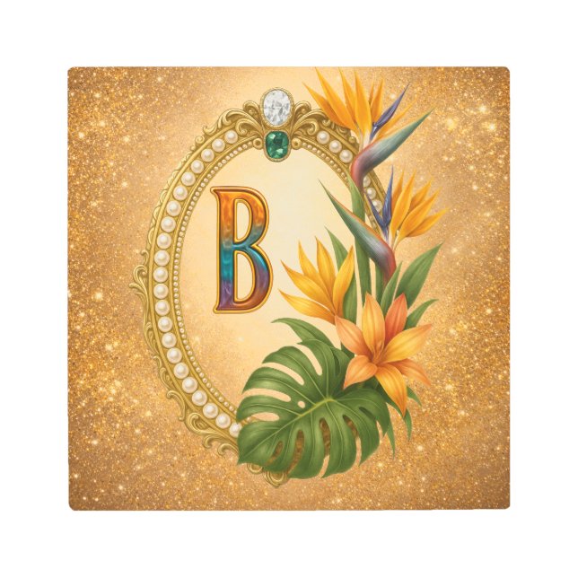 Letter B Tropical Monogram Gold Metal Wall Art (Front)