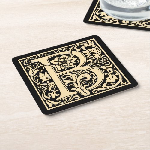 Letter B Vintage First Letter Sepia on Black Square Paper Coaster