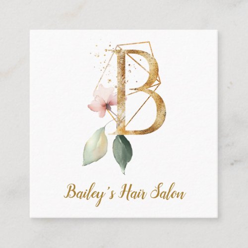 Letter B with Gold Geometric Design and Flowers Square Business Card