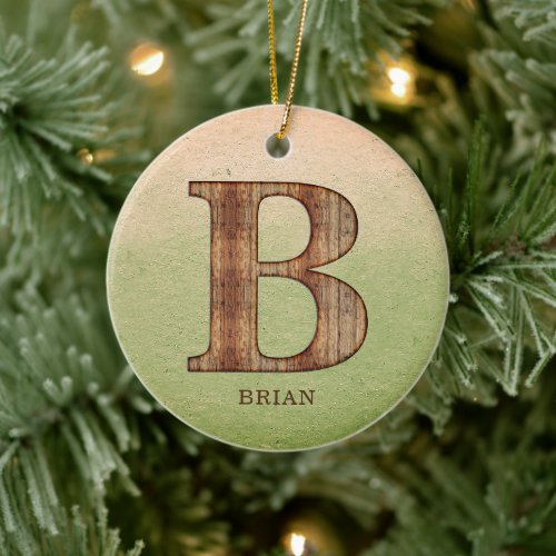 Letter B wood grain on green beige grunge Ceramic Ornament