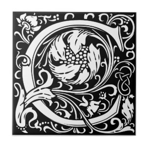 Letter C art nouveau black and white Tile
