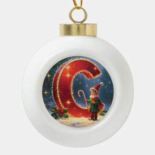 Letter C Christmas Candy Cane Personalized Initial Ceramic Ball Christmas Ornament