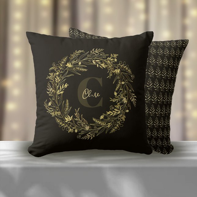 Letter C Classic Gold Botanical Monogram Throw Pillow (Creator Uploaded)