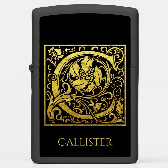 Letter C First Letter Gold and Black Zippo Lighter (Front)