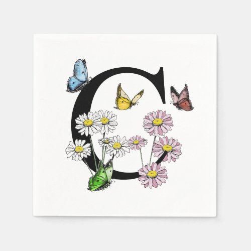 Letter C Floral Butterfly Monogram Initial     Napkins