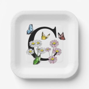 Letter C Floral Butterfly Monogram Initial      Paper Plates
