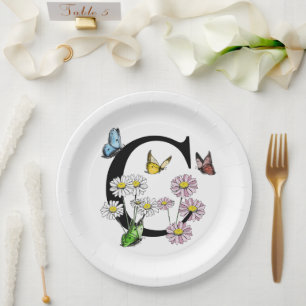 Letter C Floral Butterfly Monogram Initial     Paper Plates