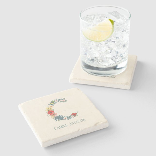 Letter C Floral Garden Monogram Personalize  Stone Coaster (Side)