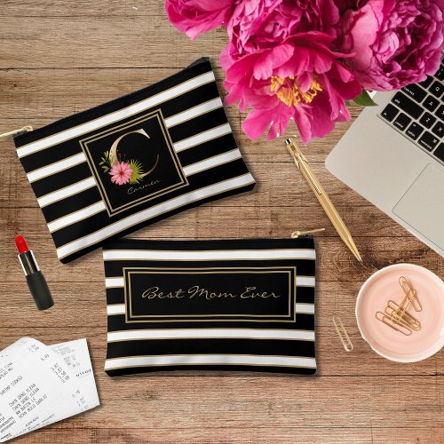 Letter C Floral Monogram Black White Gold Stripes Accessory Pouch