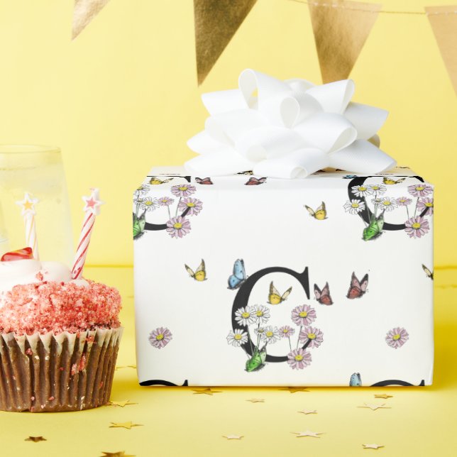 Letter C Floral Watercolor Butterfly Monogram   Wrapping Paper (Birthday Party)