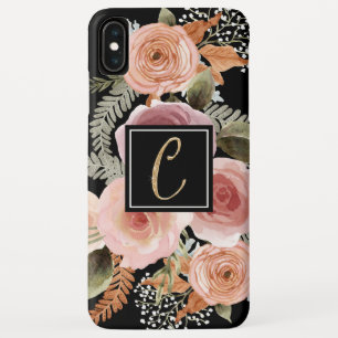 Letter C Gold Black Watercolor Floral Monogram iPhone XS Max Case
