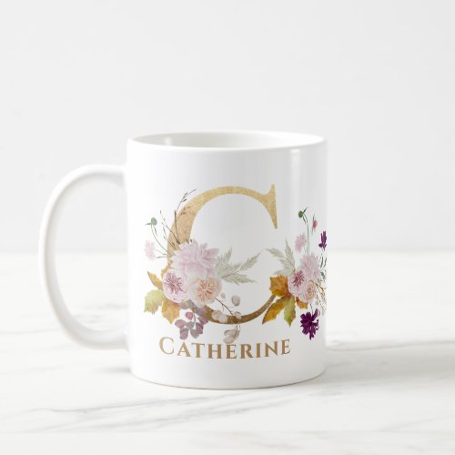 Letter C _ Gold Floral Name sister coworker friend Coffee Mug