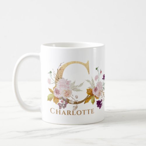 Letter C _ Gold Floral Name sister coworker friend Coffee Mug