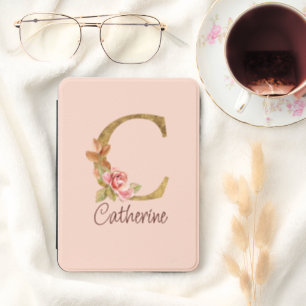 Letter C Gold Monogram Blush Pink Roses Kindle Cover