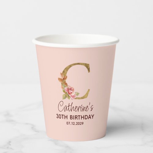 Letter C Gold Monogram Blush Pink Roses Paper Cups