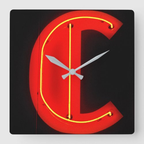 Letter C in Vintage Neon Square Wall Clock