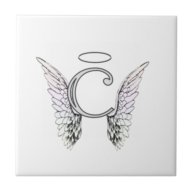 Letter C Initial Monogram with Angel Wings & Halo Ceramic Tile (Front)