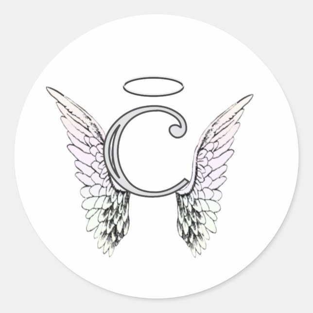 Letter C Initial Monogram with Angel Wings & Halo Classic Round Sticker (Front)