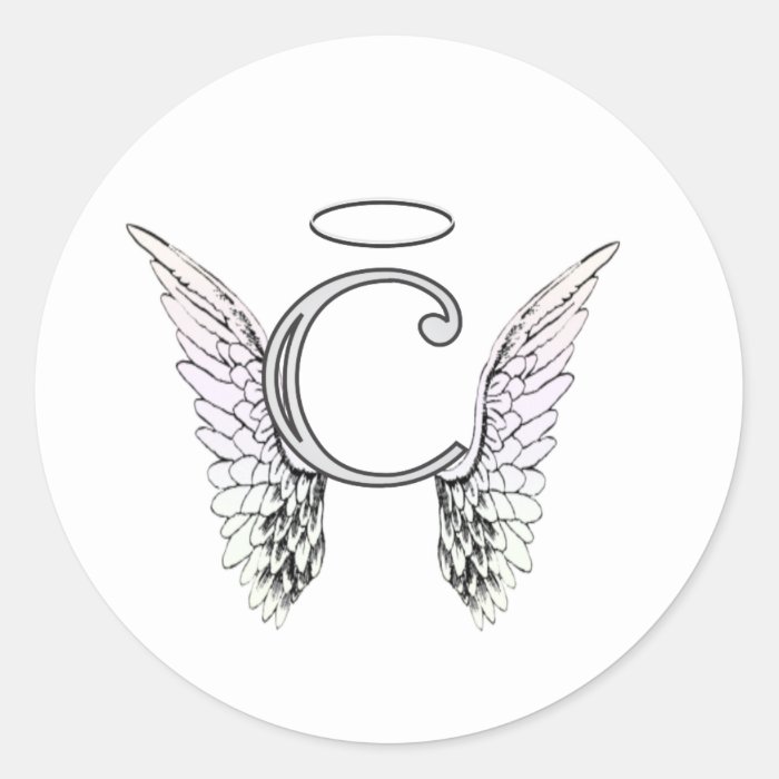 Letter C Initial Monogram with Angel Wings & Halo Round Stickers