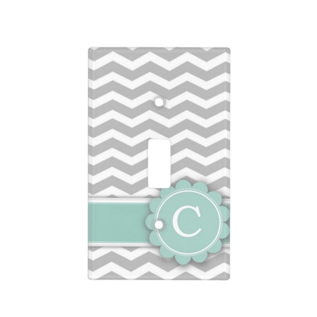 Letter C Mint Monogram Grey Chevron Light Switch Cover (Front)