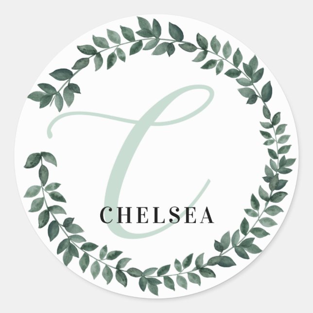 Letter C Monogram Custom Name Minimalist Botanical Classic Round Sticker (Front)